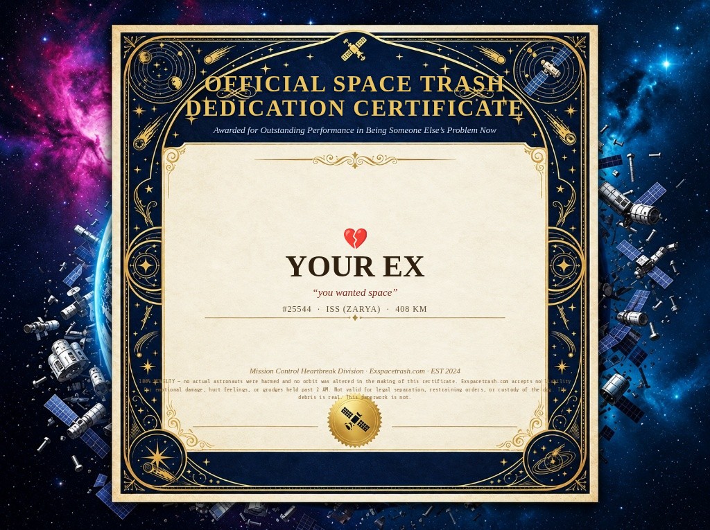 Example ExSpaceTrash orbital dedication certificate with a recipient name, quote and NORAD object ID