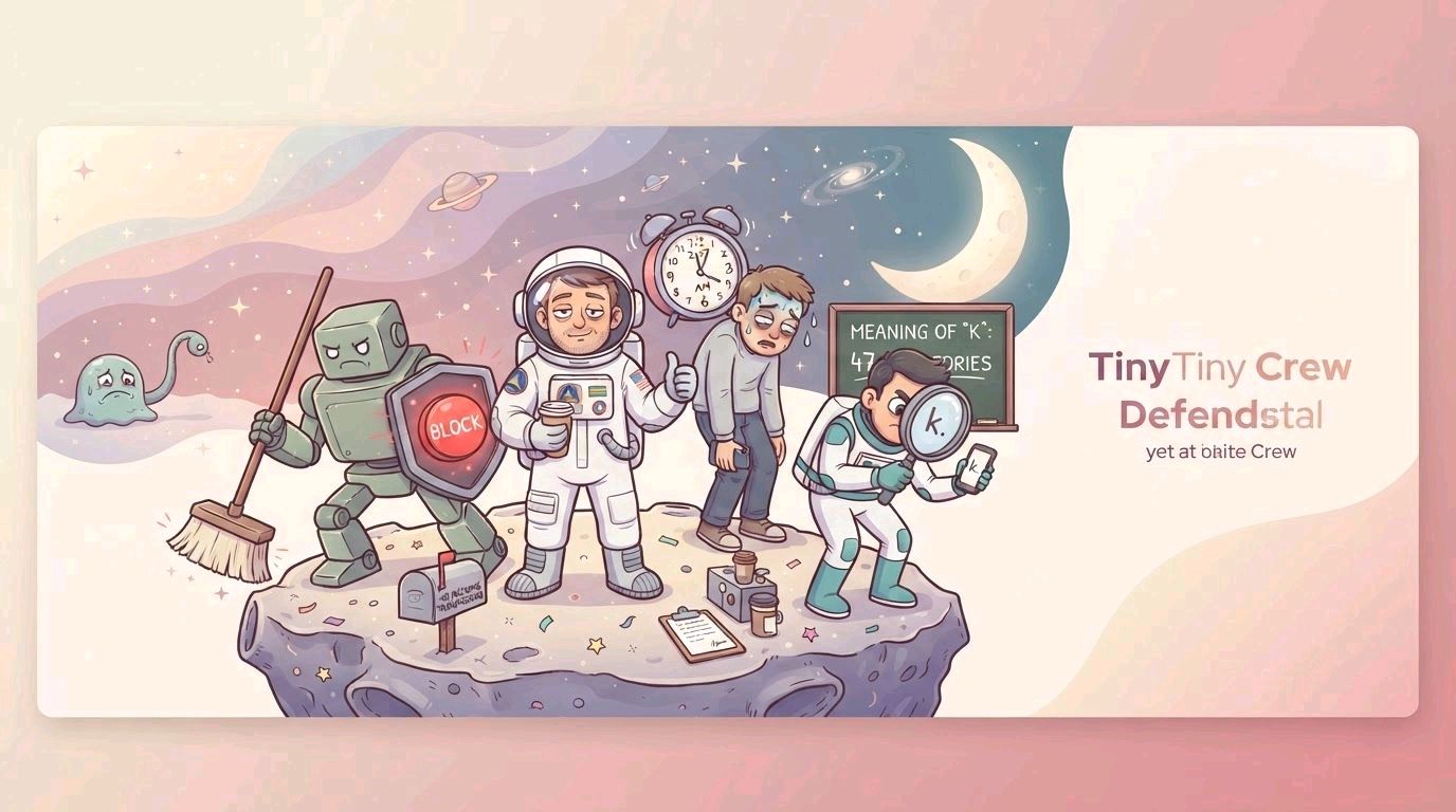A playful crew of cartoon space characters standing together on an asteroid in a star-filled sky